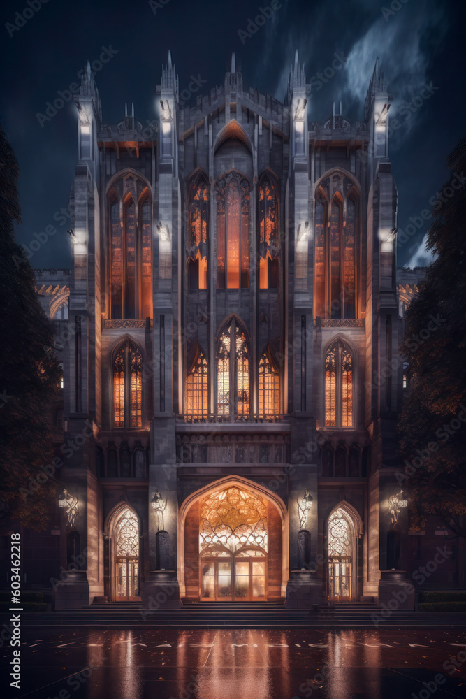 Naklejka premium Cathedral exterior architecture, night. Generative AI