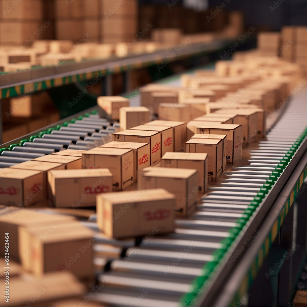 Conveyor line with cadrboard boxes on it in distribution warehouse, Delivery, storage and transportation service concept. illustration. High quality illustration, made with Generative AI Conveyor line with cadrboard boxes on it in distribution warehouse, Delivery, storage and transportation service concept. illustration. High quality illustration, made with Generative AI