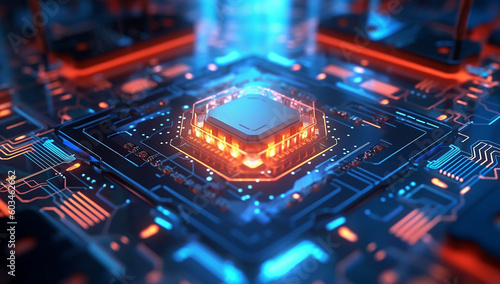 electronic circuit board with red and blue lights 3d scene royaltyfree stock photos, generative AI