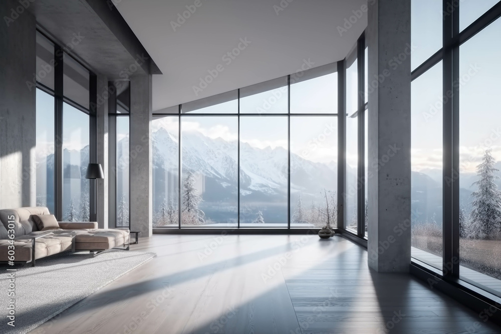 Fototapeta premium modern cozy bright Entrance Hall with large panoramic windows overlooking the Alps. Generative AI