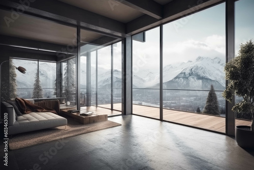 modern cozy bright Entrance Hall with large panoramic windows overlooking the Alps. Generative AI © Ivy