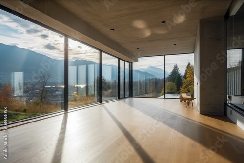 modern cozy bright Entrance Hall with large panoramic windows overlooking the Alps. Generative AI