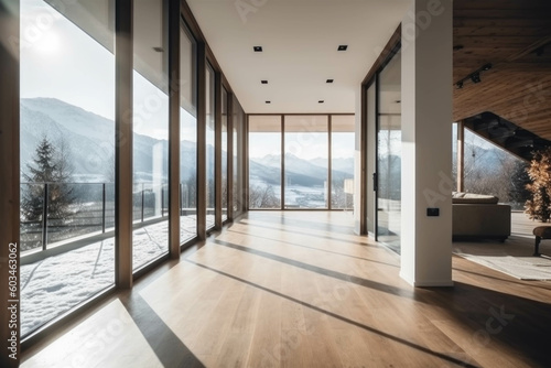 modern cozy bright Entrance Hall with large panoramic windows overlooking the Alps. Generative AI © Ivy