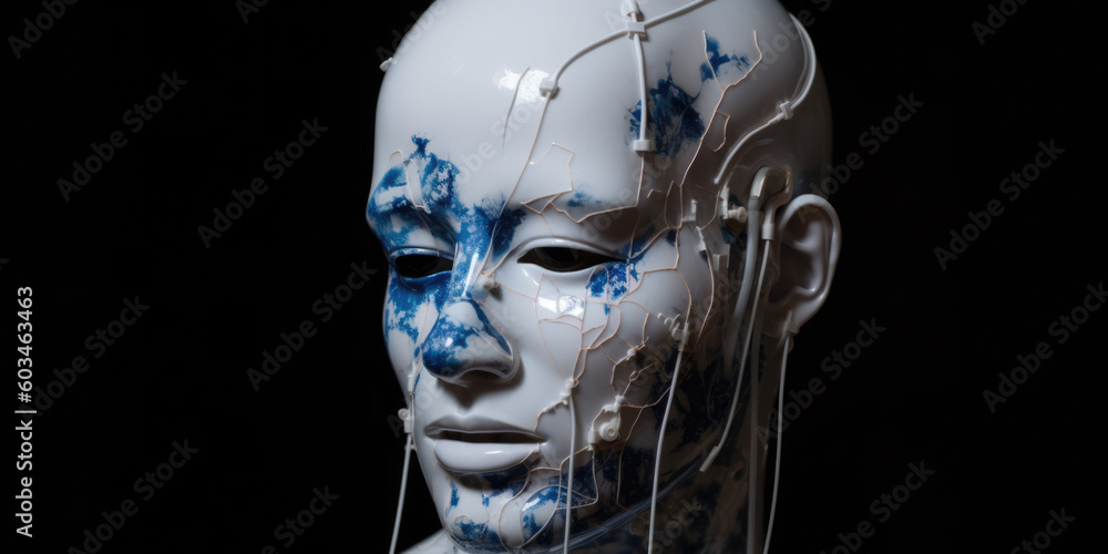 portrait of a porcelain android with wire detail