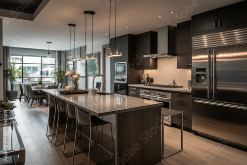 A contemporary kitchen with sleek countertops  stainless steel appliances  and an open layout that seamlessly connects to the dining area. Generative AI