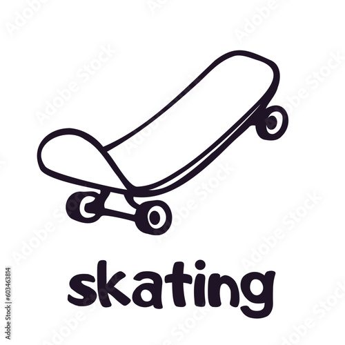 Skateboard. Skatepark or skating sign. Skateboarding emblem. Vector doodle sport equipment logotype isolated. Outline summer extreme sport illustration.