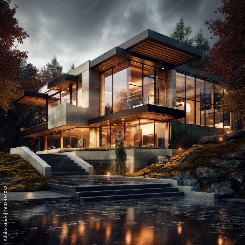 Modern luxury home with breathtaking architecture, lots of glass concrete generative ai