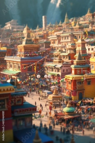 A panoramic shot of a Tibetan town with traditional architecture, including colorful buildings and prayer flags