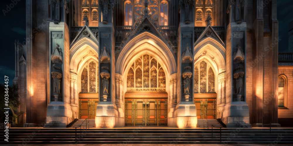Cathedral exterior architecture, night. Generative AI