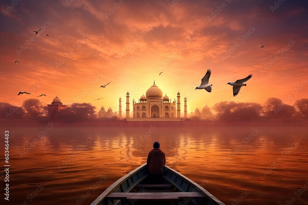 Man watching the sunset over taj mahal from a wooden boat with bird flying over