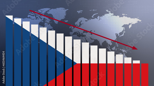 Czech Republic flag on bar chart concept with decreasing values, concept of economic crisis, politics conflicts, war concept with flag