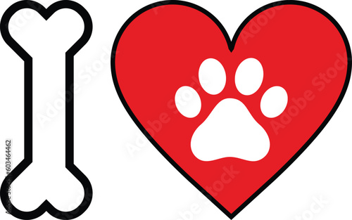 Love dog sign . I love text with red heart, paw print and dog bone