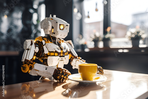 A robot in a cafe with a cup of coffee, Generative AI