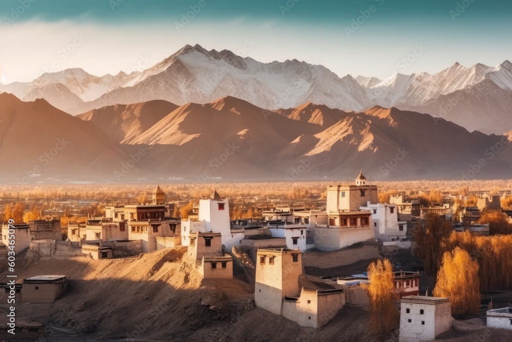 View the landscape and cityscape of leh ladakh village with Himalaya mountain range from the viewpoint of leh stok palace while - obrazy, fototapety, plakaty 
