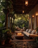 lush greenery and inviting atmosphere  comfortable seating area tropical plants generative ai