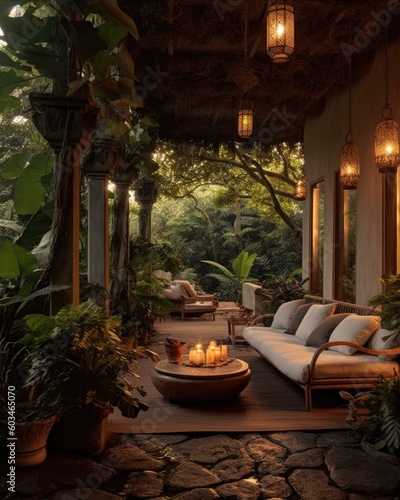lush greenery and inviting atmosphere  comfortable seating area tropical plants generative ai © RamvijayB