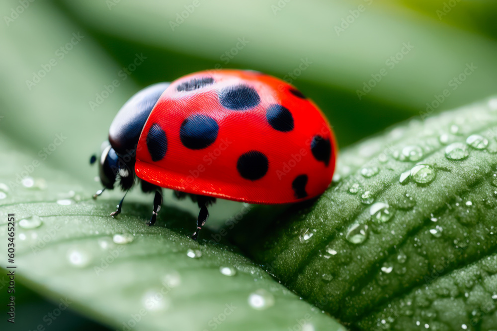 Naklejka premium Digital macro photo of a ladybug with water drops sits on a leaf. The concept of ecological environment. Generative AI