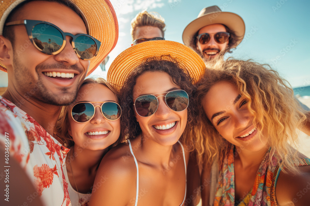 Cheerful friends in summer clothes taking selfie. AI Cheerful friends in summer clothes taking selfie. AI