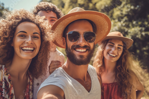 Cheerful friends in summer clothes taking selfie. AI © Oleksandr Blishch