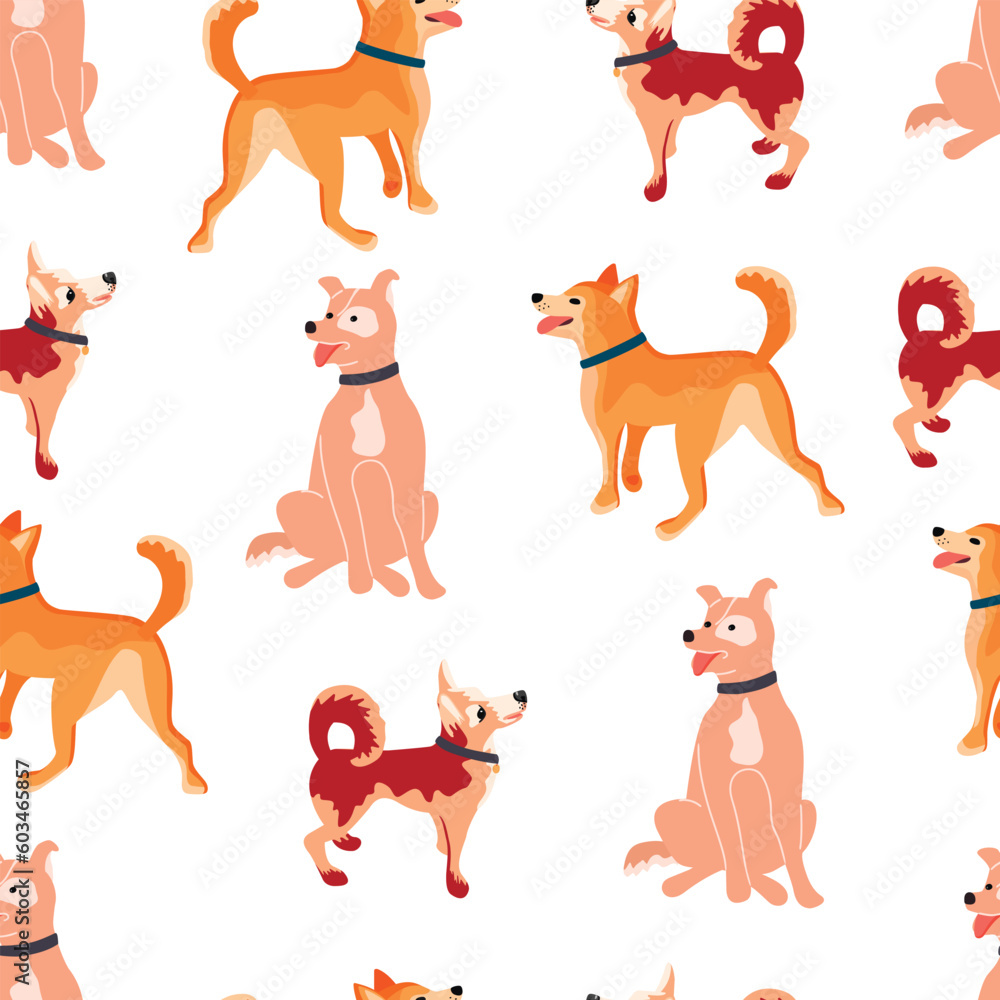 Dogs in various poses seamless pattern. Pets in beige, brown and red colors.Animals background for printing on fabric and paper.Endless wallpaper,cover.Vector flat style cartoon illustration on white. Dogs in various poses seamless pattern. Pets in beige, brown and red colors.Animals background for printing on fabric and paper.Endless wallpaper,cover.Vector flat style cartoon illustration on white.