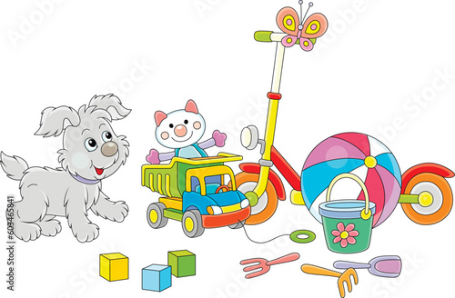 Merry grey puppy playing wi...