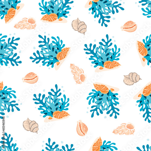 Seashells and corals seamless pattern.Different types of mollusks are arranged chaotically on a white background.Colorful aquatic underwater print on fabric and paper.Vector cartoon flat illustration.