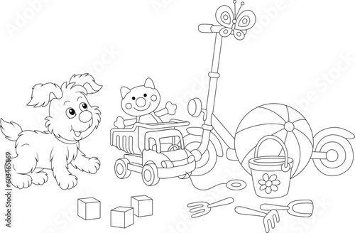 Merry grey puppy playing with a butterfly flittering over funny colorful toys on a playground in a summer park, vector cartoon illustration isolated on a white background