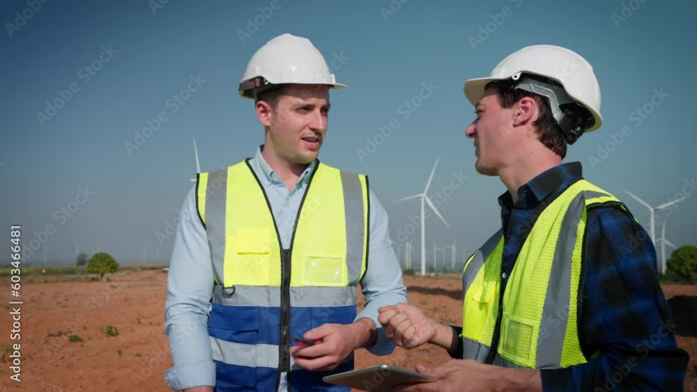 Two engineers men working at wind turbine farm. They discuss use tablet stand near wind turbines ecological energy industry power windmill field worker renewable energy. Clean energy concept. Two engineers men working at wind turbine farm. They discuss use tablet stand near wind turbines ecological energy industry power windmill field worker renewable energy. Clean energy concept.