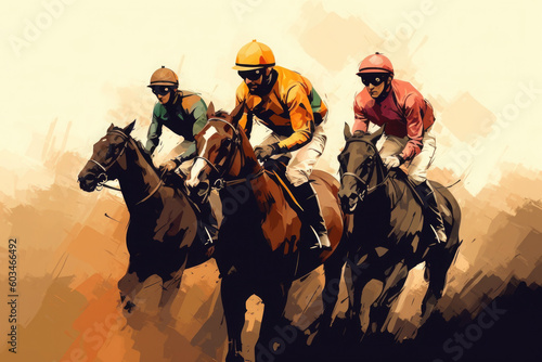 Jockeys riding on horses, color drawing. Horse racing at the racetrack. Active sport sticker. Created with Generative AI © Lazy_Bear