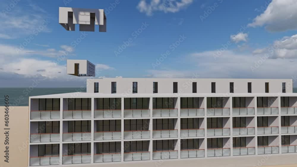 Modular Rendered Building Process of construction new and modern modular house. 3d rendering ...