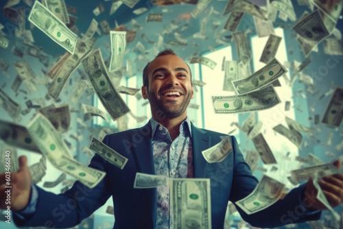 Obraz na płótnie Happy successful man standing under money rain. A lot of dollar banknotes falling on smiling man. Success and wealth concept. Created with Generative AI w salonie