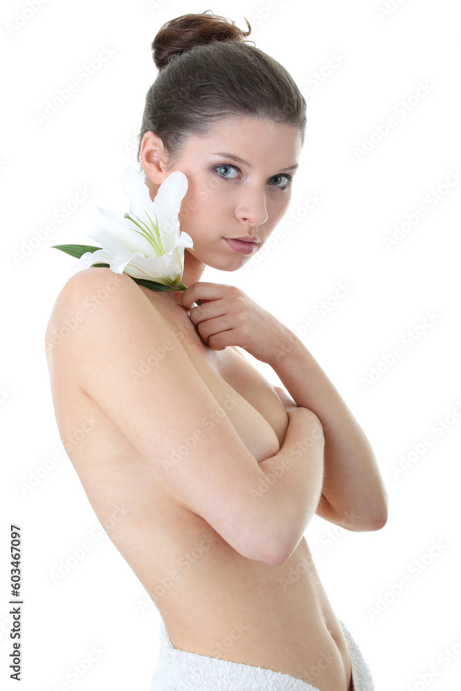 Portrait of Fresh and Beautiful woman with flower isolated on white Portrait of Fresh and Beautiful woman with flower isolated on white