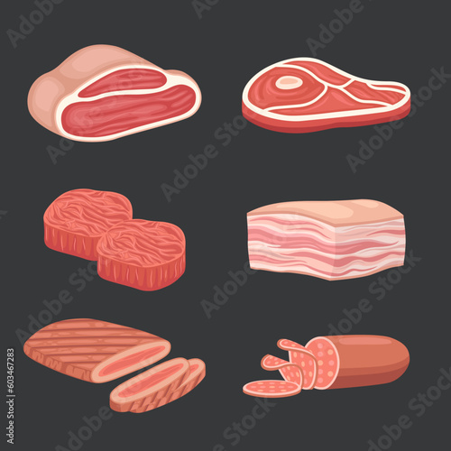 Meat vector set collection. Meat illustration bundle. Cartoon raw meat. Bacon, steak and beef minced meat.