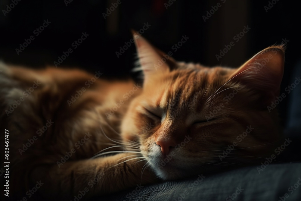 Cute cat sleeping on sofa . Adorable pet at home. Generative AI Cute cat sleeping on sofa . Adorable pet at home. Generative AI
