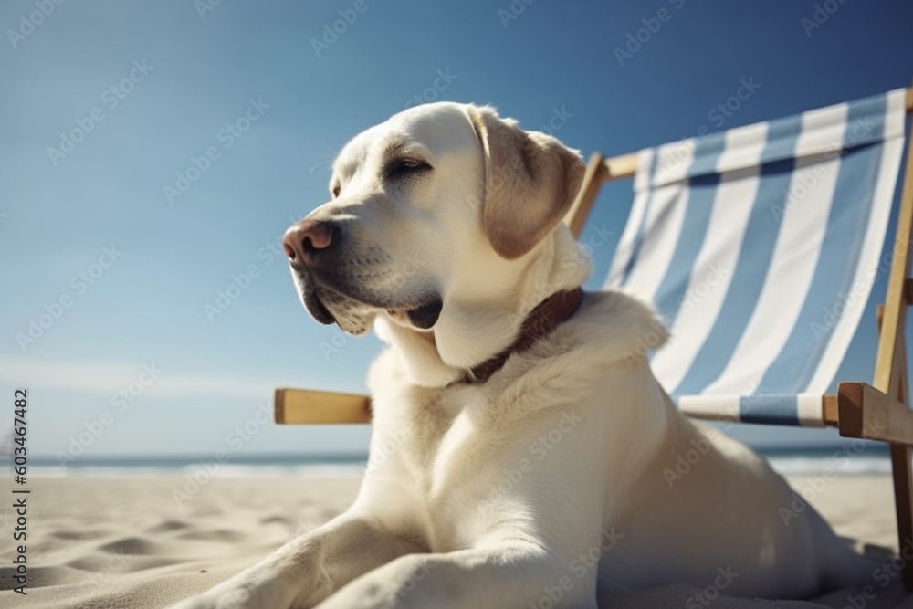 Funny dog on the beach. Pet wearing hat and sunglasses relaxing on beach in summer. Generative AI Funny dog on the beach. Pet wearing hat and sunglasses relaxing on beach in summer. Generative AI