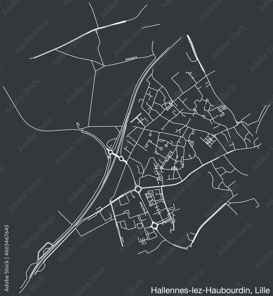 Detailed hand-drawn navigational urban street roads map of the HALLENNES-LEZ-HAUBOURDIN QUARTER of the French city of LILLE, France with vivid road lines and name tag on solid background
