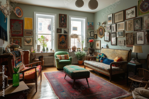 An eclectic and artsy living room with a mix of vintage furniture, vibrant textiles, and an art gallery wall showcasing unique pieces. Generative AI © Ivy