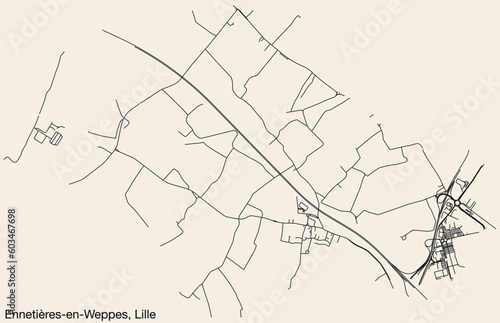 Detailed hand-drawn navigational urban street roads map of the ENNETIERES-EN-WEPPES QUARTER of the French city of LILLE, France with vivid road lines and name tag on solid background