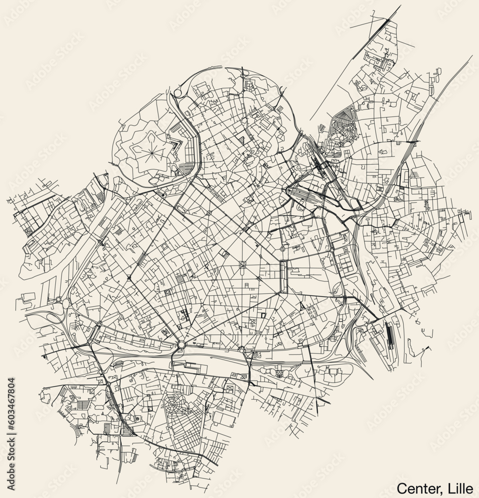 Naklejka premium Detailed hand-drawn navigational urban street roads map of the CENTER QUARTER of the French city of LILLE, France with vivid road lines and name tag on solid background