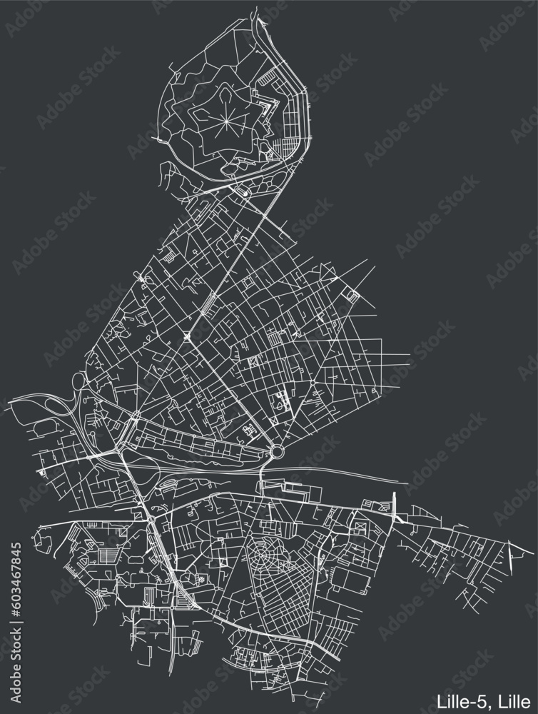 Detailed hand-drawn navigational urban street roads map of the LILLE-5 CANTON of the French city of LILLE, France with vivid road lines and name tag on solid background