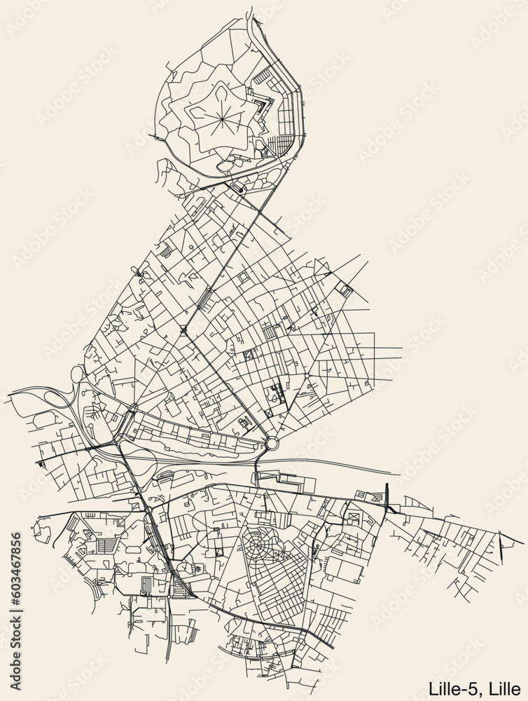 Naklejka premium Detailed hand-drawn navigational urban street roads map of the LILLE-5 CANTON of the French city of LILLE, France with vivid road lines and name tag on solid background