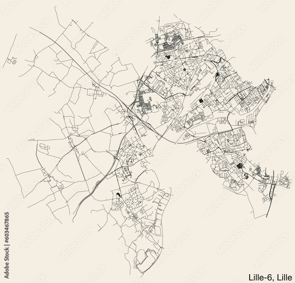 Obraz premium Detailed hand-drawn navigational urban street roads map of the LILLE-6 CANTON of the French city of LILLE, France with vivid road lines and name tag on solid background