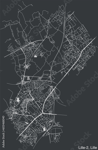 Detailed hand-drawn navigational urban street roads map of the LILLE-2 CANTON of the French city of LILLE, France with vivid road lines and name tag on solid background