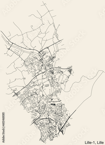 Detailed hand-drawn navigational urban street roads map of the LILLE-1 CANTON of the French city of LILLE, France with vivid road lines and name tag on solid background
