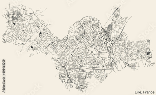 Detailed hand-drawn navigational urban street roads map of the French city of LILLE, FRANCE with solid road lines and name tag on vintage background