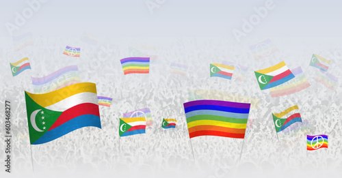 People waving Peace flags and flags of Comoros. Illustration of throng celebrating or protesting with flag of Comoros and the peace flag.