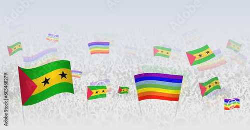 People waving Peace flags and flags of Sao Tome and Principe. Illustration of throng celebrating or protesting with flag of Sao Tome and Principe and the peace flag.