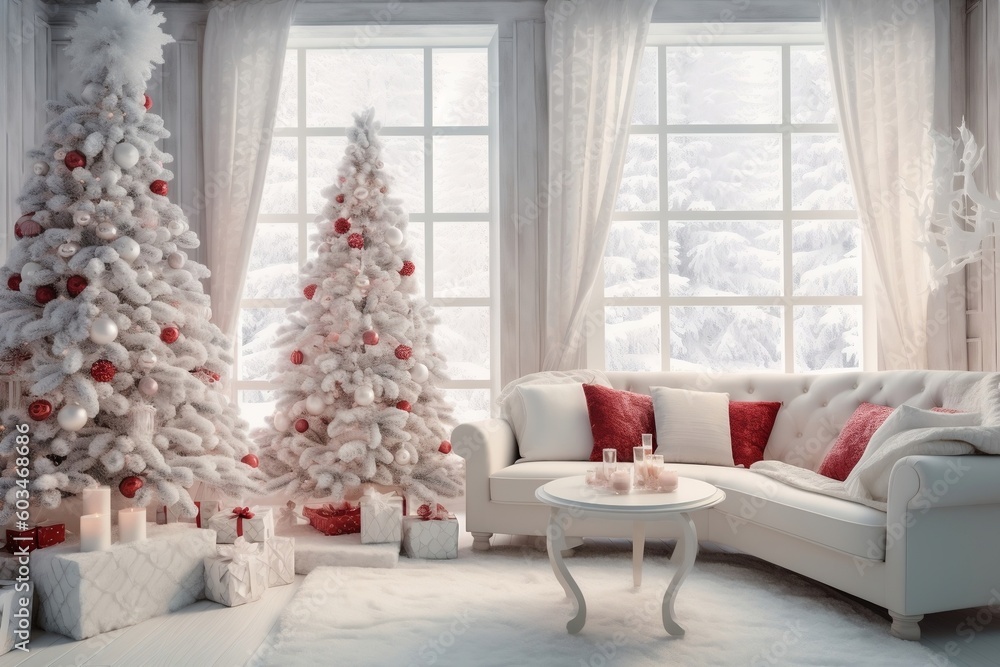 Festive Winter Living Room Beautiful Red and White Interior Design. Generative AI
