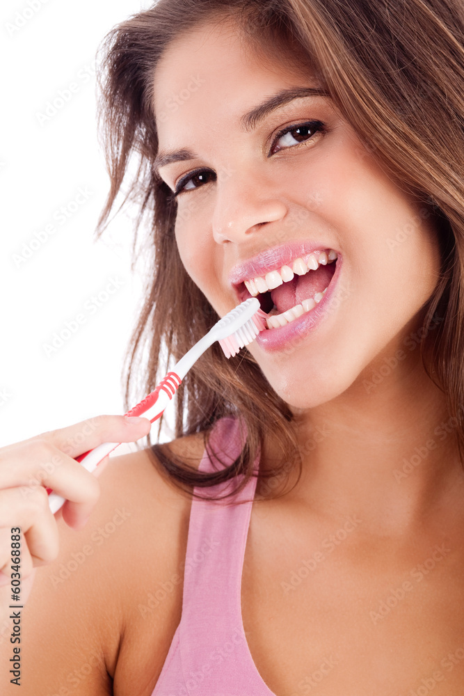 advertisement of cute girl brushing her teeth on isolated white backround advertisement of cute girl brushing her teeth on isolated white backround