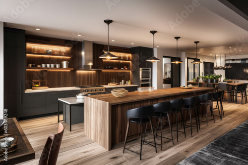 A contemporary and open-concept kitchen and dining area with a large center island, barstools, and pendant lights for a social and functional space. Generative AI © Ivy